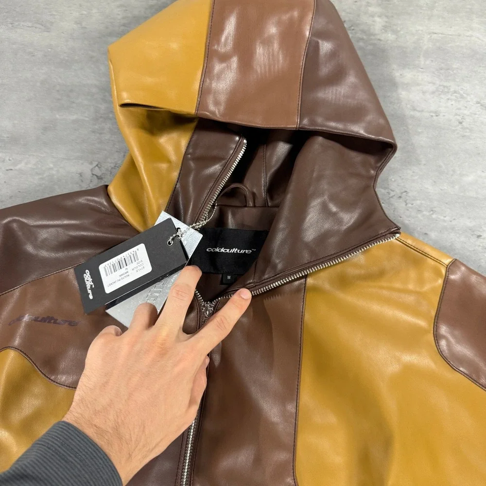 Cold Culture Route Jacket M Brown Colorblock Hooded Bomber $189 Vegan Leather